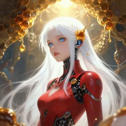 cyborg girl with white hair and red clothes, alien hive, honey decorations, dreamy, beautiful illustration, scifi, radiant, atmosphere, harmony, top lighting, blue eyes, focused, perfect composition, artstation, highly detailed, art by yuhong ding and chengwei pan and serafleur and ina wong