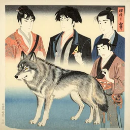 a wolf by shin hanga and kawanabe kyosai and katsuhiro otomo. ukiyo - e shohei otomo and satoshi kon, and greg rutkowski weta studio and lucasfilm, woodblock print, coherent, behance, global illumination, golden ratio, flat colors, thick black outlined,