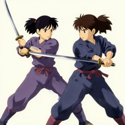 two Female ninja fighting with katana swords , by Dice Tsutsumi, Makoto Shinkai, Studio Ghibli