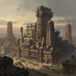 a matte painting of large dieselpunk city 1 9 0 0 summer, matte painting, dusk, drama, by rozalski and peter ilsted, artstation