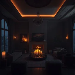videogame screenshot of a very dark dreamy luxury maximalist living room, candlelight, sunset glow, dark shadows, octane render, volumetric lighting, raytracing, symmetrical wide shot low angle