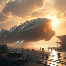 huge futuristic vehicle arriving at the spaceport, hyper detailed, digital art, artstation, cinematic lighting, studio quality, smooth render, by peter mohrbacher, hajime sorayama, wayne barlowe, boris vallejo, aaron horkey, gaston bussiere, craig mullins