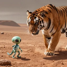 a tiger hunting a cute alien on the surface of Mars
