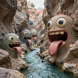 of a rocky canyon along a river with strange cute friendly happy creatures with huge eyes, mouth, long tongue, round teeth and goofy face, appearing from the background, in the style of gehry and gaudi, macro lens, shallow depth of field, ultra detailed, digital painting, trending artstation, concept art, illustration, cinematic lighting, photorealism, epic, octane render