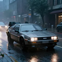 movie still a DMC 12 Dolorean driving in streets, rain, night, hazy