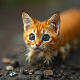 orange cat caterpillar, big eyes, spiky feet, kodak photo, muted colors, depth of field
