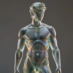 a statue of a young fit man made of highly transparent glass, by philippe starck and victoria hagan, cinematic lighting, soft internal light, covered in water drops, iridescent reflections, detailed digital photography by rutkovski and beksinski, masterpiece, gorgeous, 4 k, octane render
