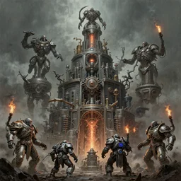 airbrush of 4 character, tiered flayed god machines, cluster tiered heirarchy, battle chaos, mainframe hydrocracking battles, medical chromed, dystopian, by wayne d barlowe, h r giger, simon bisley & boris vallejo, enric torres, hyper realism, narrative light, muted colors, epic, hyper detailed, awe inspiring, award winning horror, torch