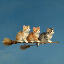 kittens riding on flying broomsticks, by thomas taylor
