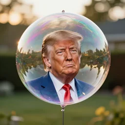 an donald trump's head stuck inside of a giant iridescent floating soap bubble, bokeh, golden hour, back yard, golden hour