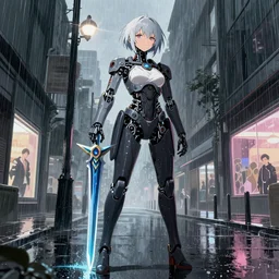cyberpunk anime art, beautiful cyborg girl in the style of arcane holding excalibur, full round face, biomechanical details, full body shot, rain, wet street, window reflections, lens flare, wlop, ilya kuvshinov, artgerm, krenz cushart, greg rutkowski