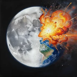 painting of the moon colliding with earth and exploding