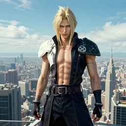 portrait Sephiroth wearing a cloud strife costume head eyes with shredded physique stands atop a skyscraper norman rockwell brad rigney frank frazetta winslow homer greg rutkowski