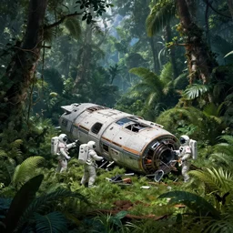 a group of astronauts in an outerspace planet deep inside tropical rain forest with spaceship crashed and in middle of no where