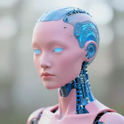 natural light, soft focus portrait of an android with soft synthetic pink skin, blue bioluminescent plastics, smooth shiny metal, elaborate ornate head piece, piercings, skin textures, by annie leibovitz, paul lehr