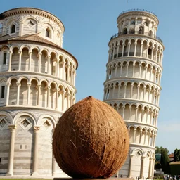 leaning tower of pisa but the tower is a coconut, piazza dei miracoli, portrait, extremely closeup, global lighting, digital art, artstation