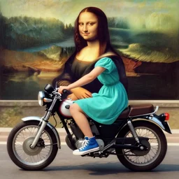 a young woman wearing a turquoise dress and high top sneakers riding a motorcycle!, looks like mona lisa, a beautiful lake in the background!, centered, extremely detailed, long shadows, a painting by leonardo da vinci