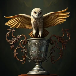a full painting of a trophy with flying owl on the top, 3 d render, max details, 8 k resolution, intricate art nouveau, lighting, by octane render. ami ami.