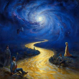 a golden river winding through a nebula by thomas kinkade and peter elson and jack gaughan and delphin enjolras, and dali, blue mood, blue light
