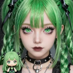 close up of cybergoth kawaii girl with green dreads, anime, detailed anime, realistic anime, manga anime, chibi anime, detailed, highly detailed, hd, 4 k, sharp, clear, high res, high quality, cinematic, 2 point studio lighting,
