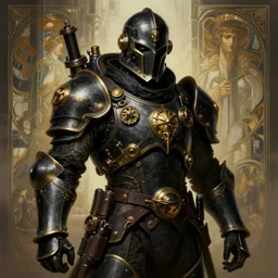 picture of city enforcer, male, armor, helmet, steampunk tech, black and gold, grimdark, digital painting, highly detailed, smooth, sharp contrast, digital paintin, by artgerm and greg rutkowski and alphonse mucha, comic cover art