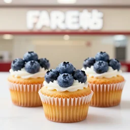 3 juicy blueberry cupcakes from a fast food restaurant, depth of field, food photography, isometric, tasty, mcdonalds, wide shot, studio, bokeh, gmaster, cooking, food, kodak, sony, canon