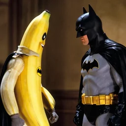 a movie still of batman facing off against his archenemy banana-man in the 1990s live action movie batman vs banana-man