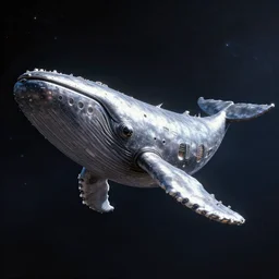 a huge spaceship in moving trough the deep space. ship is in the form of a big metallic whale, many detailed little windows in the style of star wars deathstar