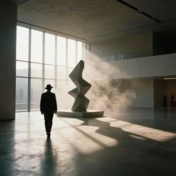 Hyper realistic brutalist museum interior, blurred silhouette of a person in a suit and hat walking in the distance, abstract Sculpture in the middle, sun rays at sunset, hard shadows, volumetric fog, Hyper realistic film photography by Yohji Yamamoto, Zeiss 24mm f2.8, Hasselblad, insanely detailed, sharp focus