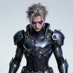 an angry, unkempt, evil thirty year old supervillian with light ashen hair and vivid glowing violet eyes wearing extremely advanced futuristic armor, trending on arstation