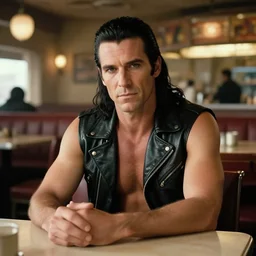 rhett sarlin sitting at a table in a cantina on tatooine, very long black hair brought back into a ponytail, open black leather vest, no shirt, portrait by ralph mcquarrie