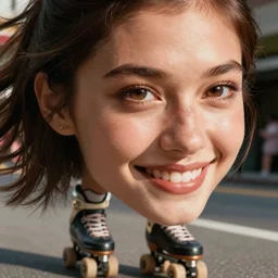 lovely detailed face of a bikini model rollerblading on the street and having fun, sharp eyes, smile, portrait, face close - up