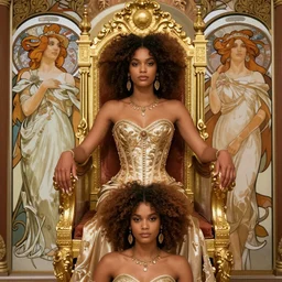 beautiful african goddess with an afro, sitting on an royal throne, wearing corset, inspired by yara shahidi and skai jackson, inspired by alphonse mucha and brom art