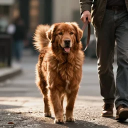 a big brown dog taking a man for a walk on the street