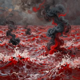 a churning, boiling red sea with lots of smoky black and red steam, extremely detailed oil painting, unreal 5 render, rhads, Bruce Pennington, Studio Ghibli, tim hildebrandt, digital art, octane render, beautiful composition, trending on artstation, award-winning photograph, masterpiece