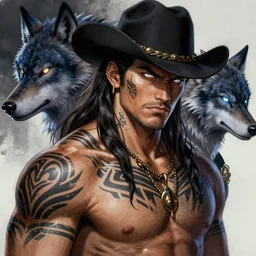 illustration of a man resembling ( ( ( ( ( ( jason momoa ) ) ) ) ) ) as a cowboy, nightwolf from mortal combat, tribal tattoos, lightning eyes | art by hirohiko araki + jean giraud + artgerm + jack kirby | intricate, high detail, digital painting