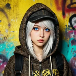 highly detailed portrait of a sewer punk lady student, blue eyes, harris tweed hoody, hat, white hair by atey ghailan, by greg rutkowski, by greg, tocchini, by james gilleard, by joe fenton, by kaethe butcher, gradient yellow, black, brown and cyan color scheme, grunge aesthetic!!! ( ( graffiti tag wall background ) )