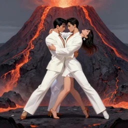 pair of handsome dancers in white suits on a rock inside a volcano with lava flowing around, digital drawing, hyperrealistic, high intricate details, anime, artstation, soft light