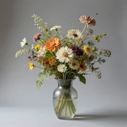 a still life of a vase of flowers. the vase should be made of translucent glass and the flowers should be a mix of extinct flowrrs
