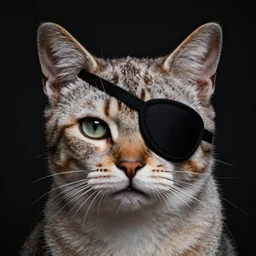 closeup studio photograph of a humanoid cat with an black eyepatch, dramatic lighting, edited in photoshop