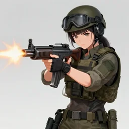 portrait of a commando girl firing a machine gun, muzzle flash, anime fantasy illustration by tomoyuki yamasaki, kyoto studio, madhouse, ufotable, square enix, cinematic lighting, trending on artstation