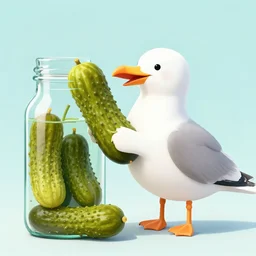 an anthropomorphic gullible dill pickle tickling other pickles while being pickled in a bottle