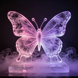 butterfly ice sculpture, pink, purple, glow, smoke,