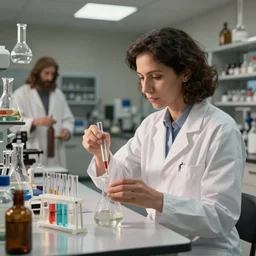 a female professor and jesus in a university chemistry lab, running the experiment that proofs jesus transubstantiation ; dream - like
