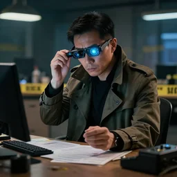 cyberpunk trenchcoat investigator, analyzing evidence at a crime scene using a cybernetic eye implant
