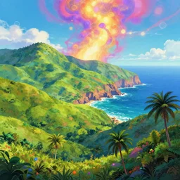 A beautiful illustration of a breathtaking nature landscape, vivid colores, hills, ocean, cliffs, palm trees james gurney, dan luvisi,Petros Afshar,tim hildebrandt,liam wong,thomas kinkade,ernst haeckel,dan mumford,trending on artstation, WLOP ,cgsociety by Gediminas Pranckevicius, trending on cgsociety, James R. Eads, bokeh, fractal Thunder glow by dan mumford