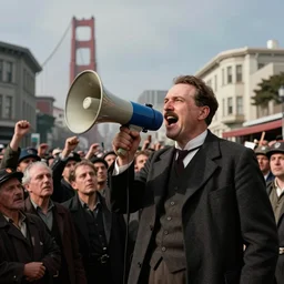 color photo of trotsky excitedly speaking into a megaphone to a large crowd in san francisco
