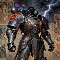 composition of gothic and futuristic, warhammer, cyber japan style armor, more scars, many mechflowers, thunderstorm, black head, some purple orange and blue, the middle ages, highly detailed, artstation, in the style of moebius, jugendstil and classic japanese print, psychedelic, art by rene magritte, jean delville