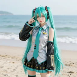 hatsune miku cosplay at the beach, photorealistic, 4 k uhd
