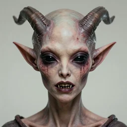 a creepy portrait, femal alien, professionally retouched, soft lighting, realistic, pointed elf ears, horns, scarred face, pointed teeth, jet black alien eyes, wide angle, sharp focus on the eyes, deep wrinkles, 8 k high definition, insanely detailed, intricate, elegant, beautiful, horros, creepy, art by artgerm and wlop